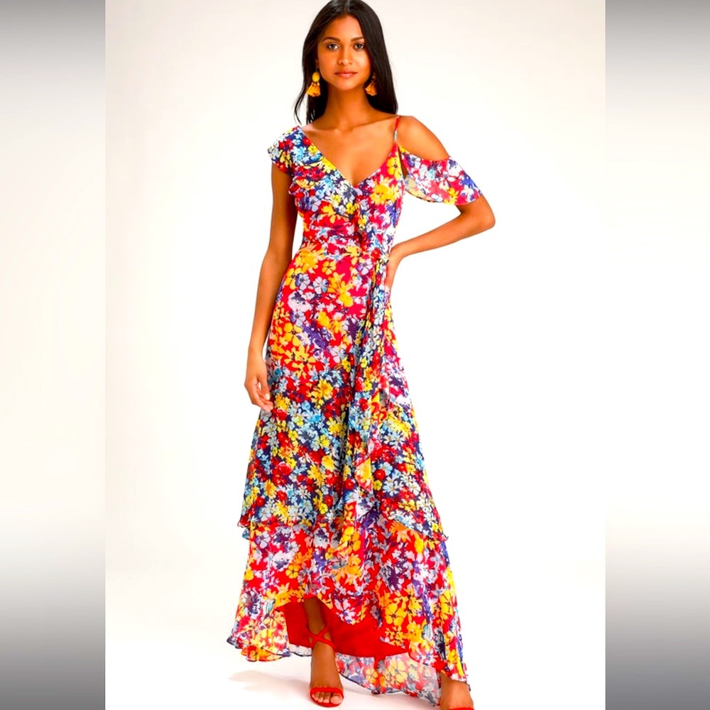 NWT Radiant Ruby Red Floral Print Chiffon Maxi Dress Size S